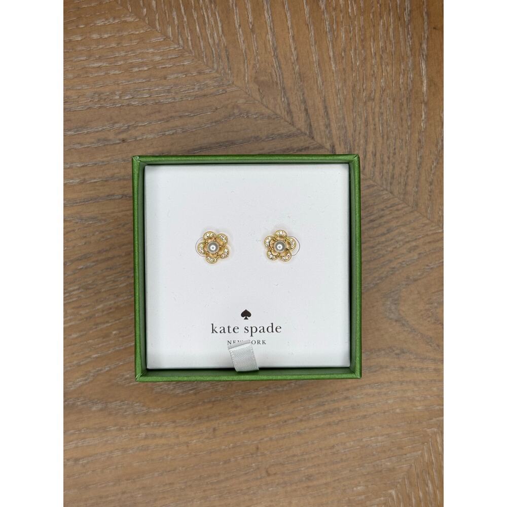 Kate Spade New York Cream Gold Pearl Floral Stud Earrings Jeweled Stencil NIB